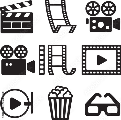 Nine Black Silhouette Icons Depicting Movie Filmmaking and Viewing Elements Including Clapperboard Film Reel Camera Popcorn and 3 D Glasses