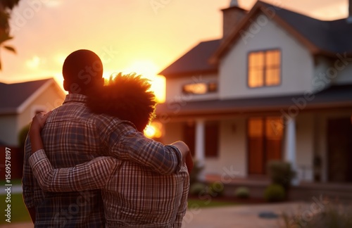 Warm sunset silhouette of young African American couple embracing in front of their new home, golden hour backlighting, real estate property ownership celebration, first-time buyers, emotional closing