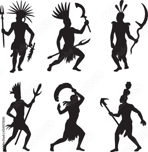 Six Black Silhouettes of Indigenous People in Dynamic Poses Holding Various Weapons and Tools Against White Background