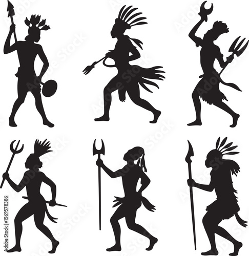 Six Black Silhouettes of Indigenous People in Dynamic Poses Holding Spears and Ceremonial Objects Against a White Background