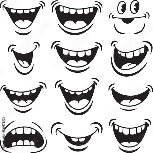 Twelve Black and White Cartoon Mouth Silhouettes Displaying Diverse Open Expressions Including Happy Smiling Wide Open and Grinning Mouths