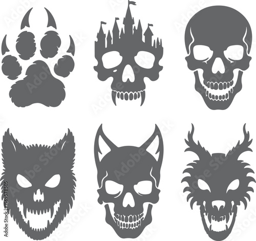 Six Gray Silhouette Designs Featuring a Paw Print Castle Skull Human Skull Wolf Skull Cat Skull and Dragon Skull