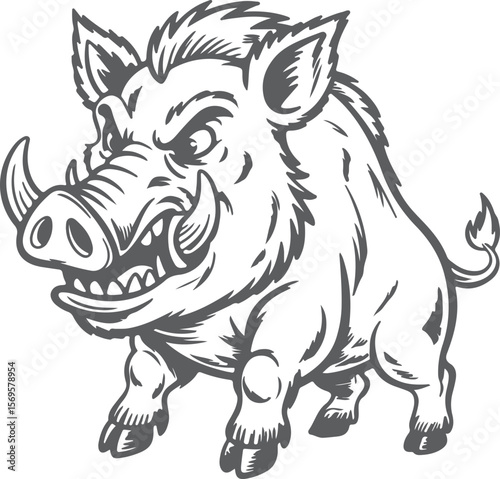 Aggressive Gray Silhouette of a Wild Boar with Sharp Tusks and Bristly Fur Standing on All Four Legs