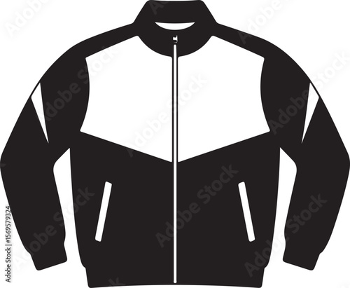 Black and White Track Jacket Silhouette Zip Up Front View Apparel Design Template vector
