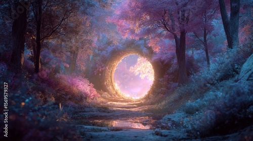 Enchanted Forest Portal Surrounded by Fiery Trees and Magical Glow