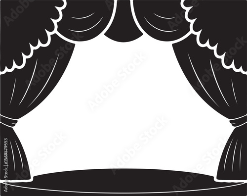 Black silhouette stage curtains with ornate valance and a circular stage platform illustration design element