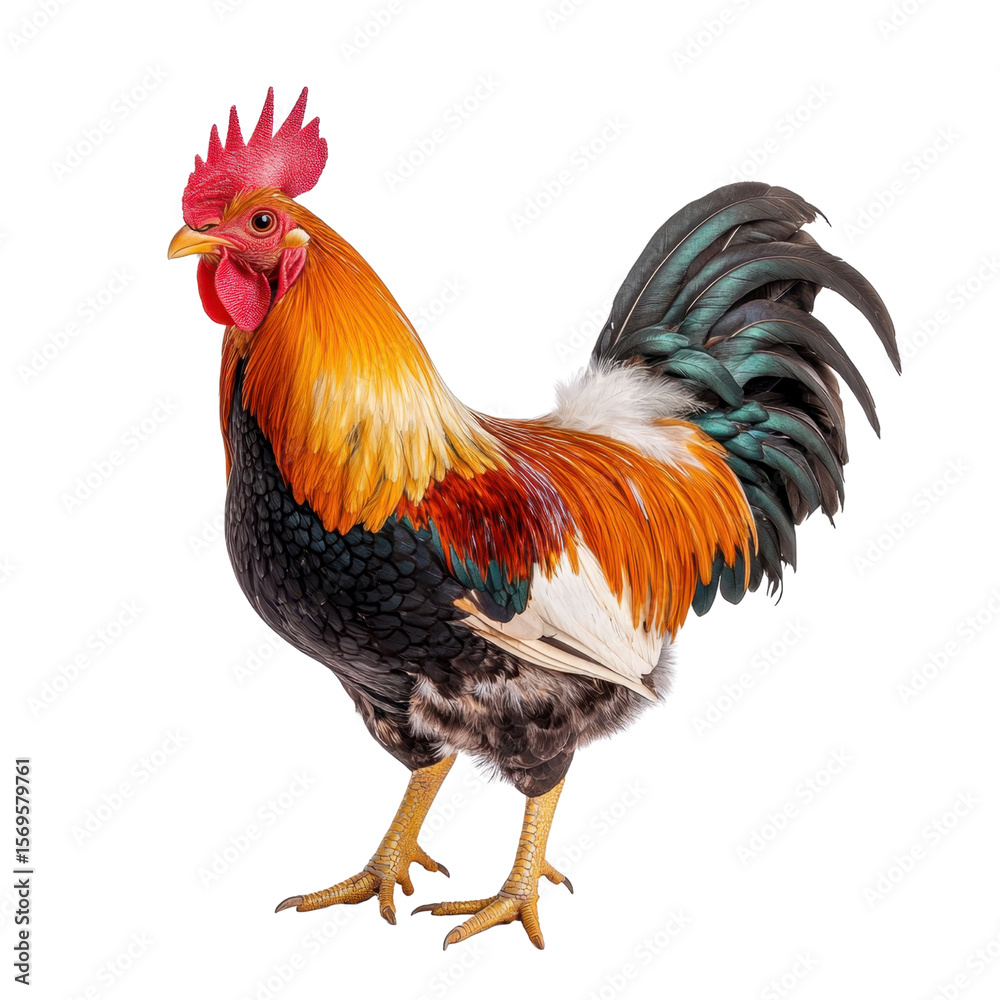 Fototapeta premium Colorful Rooster with Vibrant Feathers Standing Proudly, Symbolizing Agriculture and Farm Life in Natural Setting transparent background