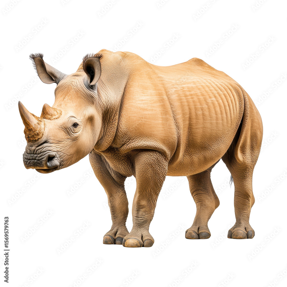 Obraz premium Realistic portrayal of a majestic rhinoceros standing confidently in a natural habitat, showcasing strength and beauty transparent background