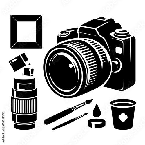 Digital camera lens and art supplies representing photography and creativity
