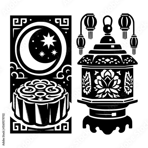 Traditional chinese mid autumn festival symbols mooncake and lantern with floral design