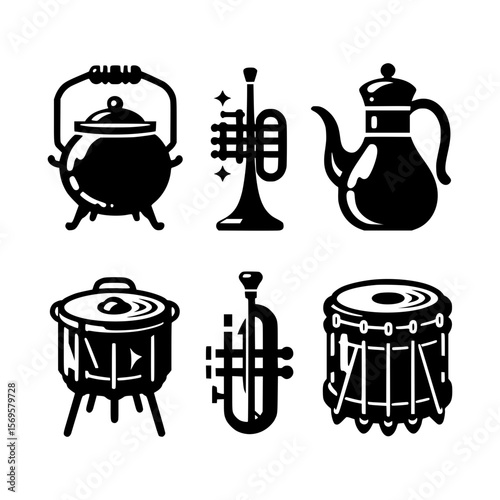 Collection of black and white icons featuring musical instruments and cooking pots