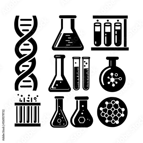 Collection of scientific laboratory equipment and molecular structures in black and white