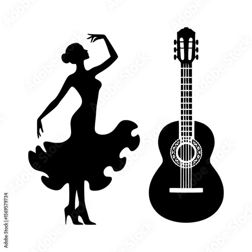 Silhouette of a flamenco dancer with a guitar on a white background