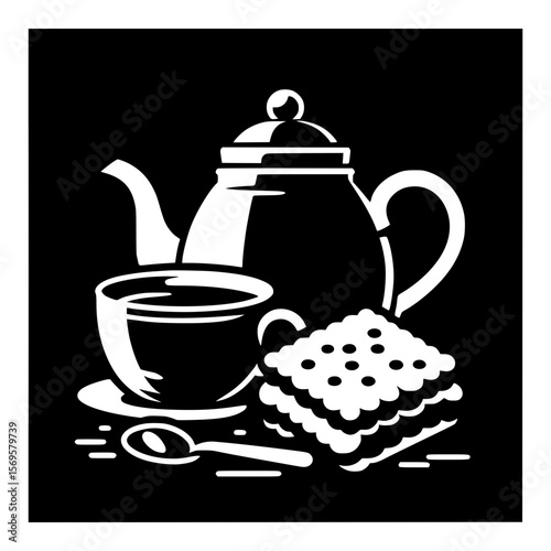 White graphic of a teapot cup saucer spoon and biscuit on black background