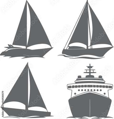 Gray Silhouette Sailing Boats and a Cruise Ship on Water Simple Vector Illustration Set