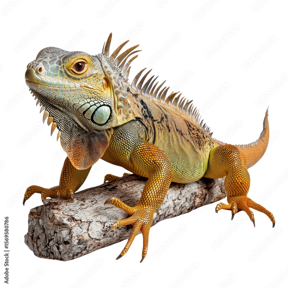 Fototapeta premium Vibrant Iguana on a Natural Log with Detailed Scales and Textured Skin, Captured in Stunning Close-Up transparent background