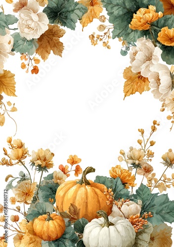 Beautiful composition around the perimeter of small pumpkins and autumn leaves arrangement. Copy space. isolated on white background, cute hand drawn watercolor illustration and clipart