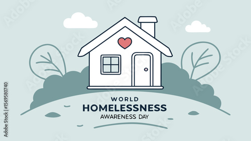 Hopeful Minimalist Illustration: Small House with Heart, Symbolic of World Homelessness Awareness Day, Gentle Color Palette, Peaceful Mood,  Ideal for Charity Campaigns and Social Media.
