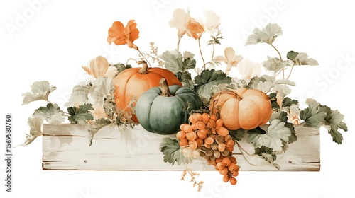 Rustic Pumpkin and Floral Arrangement for Fall and Thanksgiving Day. Featuring flowers, leaves, grapes and ideal thanksgiving table centerpiece. Isolated on White