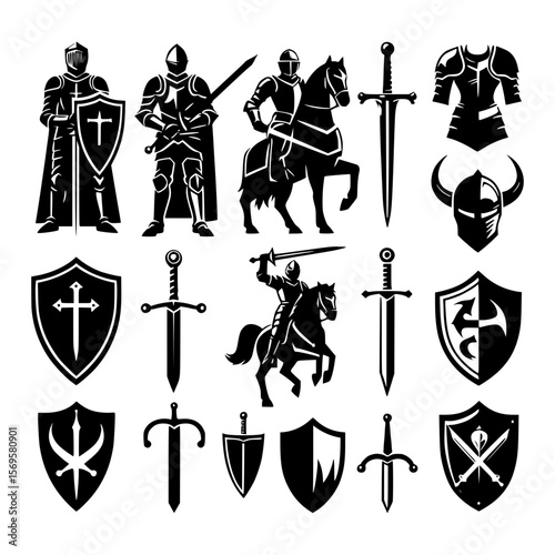 Collection of black and white medieval knight icons and symbols