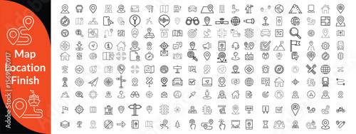 Maps, location and Navigation line editable icon set. Containing navigation, location, contains map with a pin, route map, navigator, direction and more. Vector illustration design 
