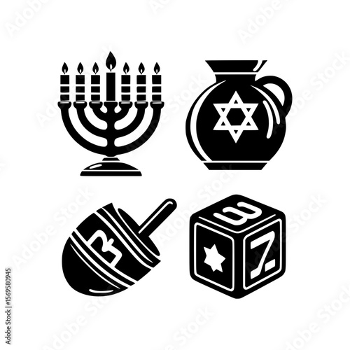Collection of hanukkah symbols including menorah dreidel star of david and gelt