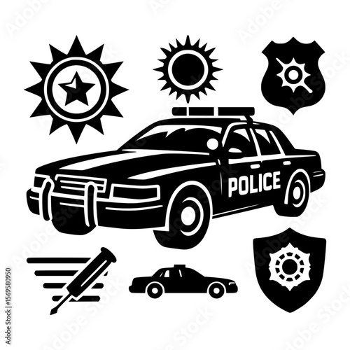 Collection of black and white vector graphics featuring police car and law enforcement symbols