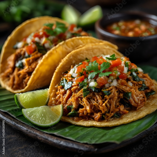Delicious tacos filled with shredded chicken served with fresh salsa and lime wedges