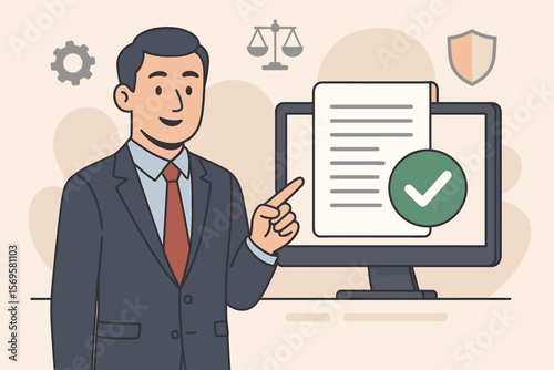 Businessman with validated online document on computer. Concept of legal compliance, regulations, business policy, terms and conditions, and certified contract agreement.