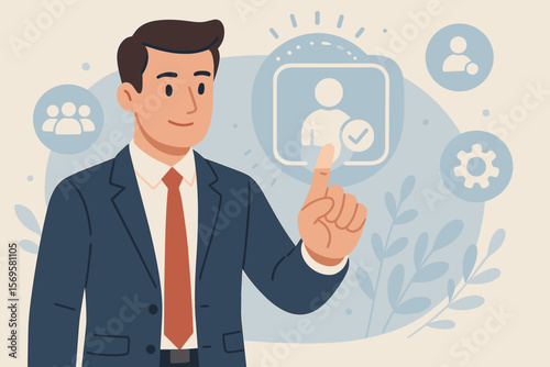 Onboarding new employee concept. HR manager touching virtual user icon for hiring. Human resources recruitment technology. Businessman selecting candidate for team. Vector illustration.