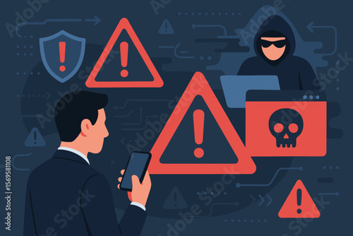 Cybersecurity concept with hacker attacking a businessman's smartphone. Cyber attack alert, data breach, phishing threat. Information security risk, malware, mobile privacy.