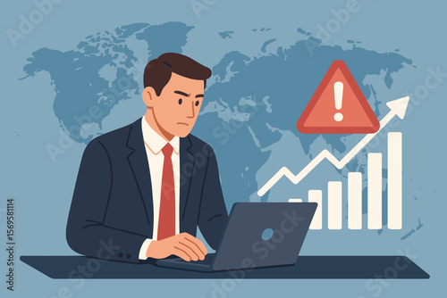 Businessman with laptop analyzes economic growth chart with red warning sign. Concept of investment risk, financial crisis, stock market danger, and global recession warning.