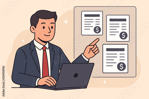 Businessman managing online invoices with laptop. Concept for financial management, digital accounting, e-billing, bookkeeping, and budget planning. Flat cartoon vector illustration.