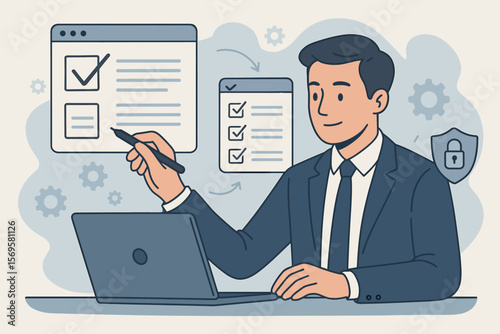 Businessman using digital pen for online document approval and e-signature. Secure data verification and task management checklist for efficient digital workflow automation.