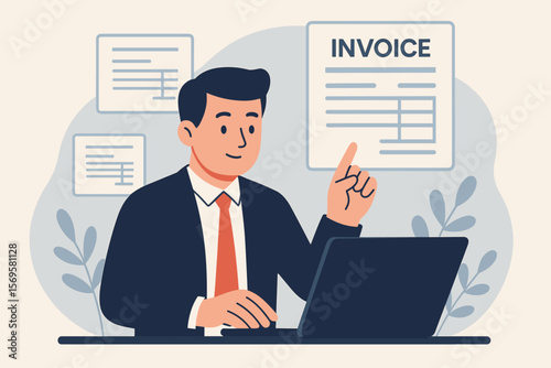 Businessman manages invoice documents on a virtual screen with a laptop. Concept of accounting, digital billing, finance administration, payment processing. Modern flat vector cartoon.