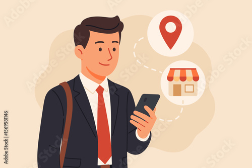 Businessman using smartphone for local business search. Man navigating to a store with GPS location pin. Online to offline commerce concept. Mobile app for shopping. Vector.