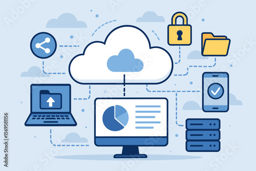 Cloud technology concept illustration. Secure online data storage, file sharing, and backup platform for business networks. Cloud computing service with cybersecurity protection.
