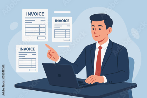 Businessman managing digital invoices on a virtual screen. Accountant using laptop for financial management, bookkeeping, and e-invoicing. Flat vector cartoon illustration concept.
