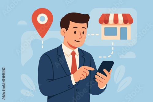 Businessman using smartphone for local business search. Man finding store location with mobile app. Geolocation marketing, GPS navigation. E-commerce concept. Flat illustration.