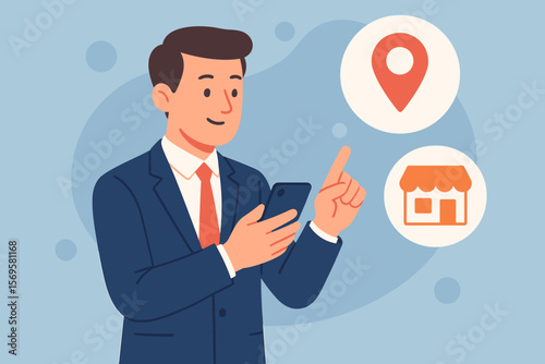 Man using phone app for local business search. Businessman with smartphone, location pin and store icon. GPS navigation, retail, e-commerce concept. Flat vector cartoon.