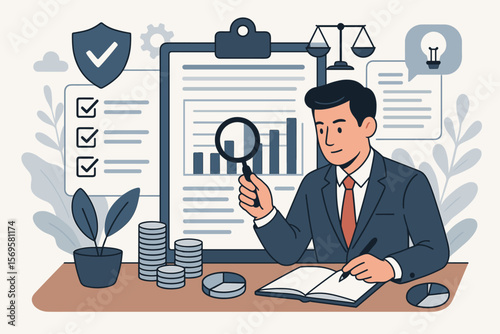 Compliance verification, financial audit, and risk assessment concept. Businessman analyzes data, checking regulatory requirements and gathering recommendations for corporate law.