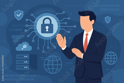 Businessman and virtual cybersecurity technology. Concept of online data protection, global network server security, cloud computing and information storage safety. Digital privacy.