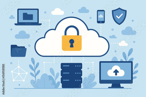 Cloud storage and network technology concept. Large network of backup platforms for online data storage. Business system with cybersecurity software and server protection.