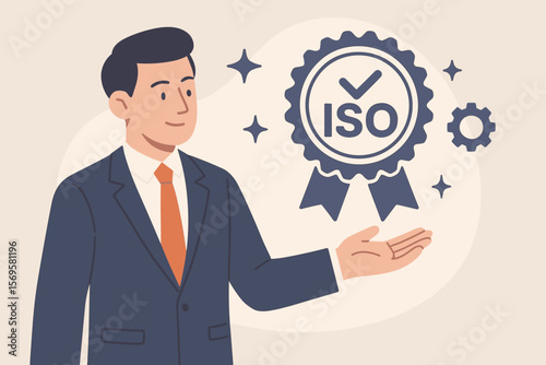 ISO certification and quality assurance concept. Businessman showing a quality control standards guarantee badge. International Organization for Standardization certified product.