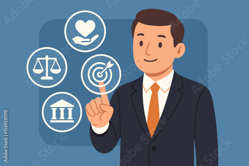 Concept of core values for business. Businessman touching virtual screen with icons for responsibility, ethics, integrity, goals and company mission. Corporate culture vector.