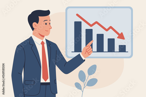 Cost reduction business finance concept. Businessman pointing at a declining graph with a down arrow for budget management and cost optimization. Financial crisis and recession.