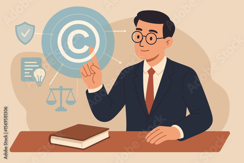 Lawyer managing copyright, patent, and intellectual property on a virtual interface. IP protection, law, and justice concept. Regulations, enforcement, author rights and policy.