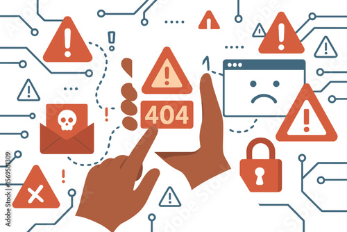 Cybersecurity concept of cyber attack, network failure and data breach. Person gets security alert, error 404, virus warning, and spam email. Hacking, phishing, and malware.