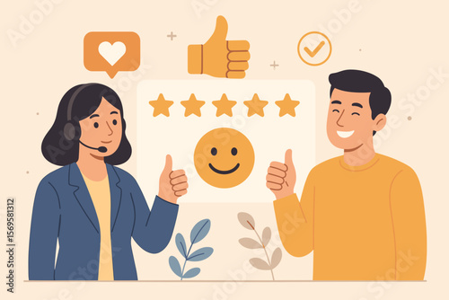 Customer service excellence, five star business rating, positive feedback, satisfaction survey, support team, happy client experience, thumbs up, quality assurance concept