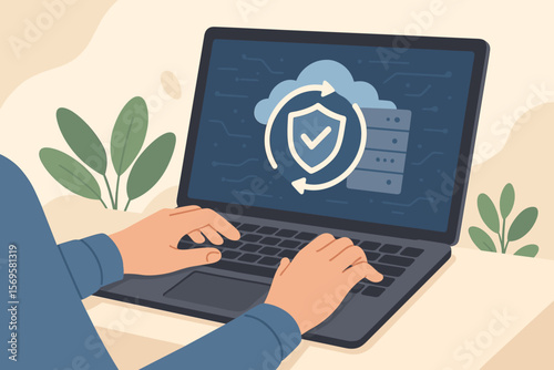 Disaster recovery plan concept. Person on laptop restoring critical systems and data from cloud backup. IT system protection, cybersecurity, and information security technology.